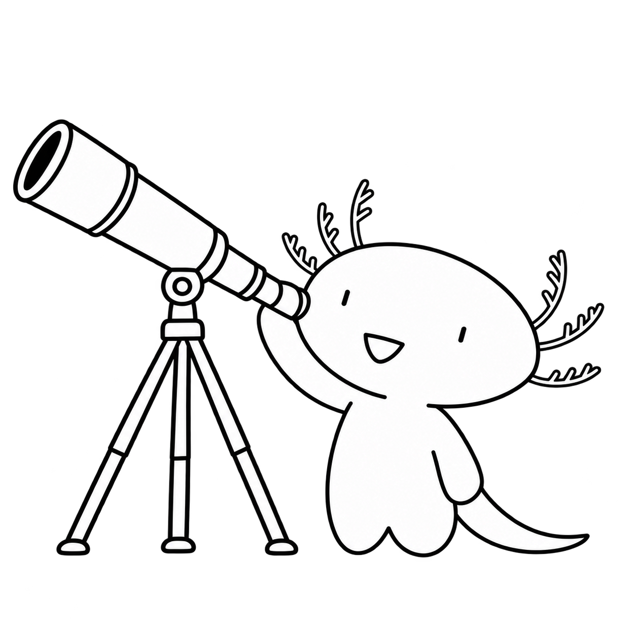 A smiling Oopsonaut looks through a telescope at the stars from the Moon.